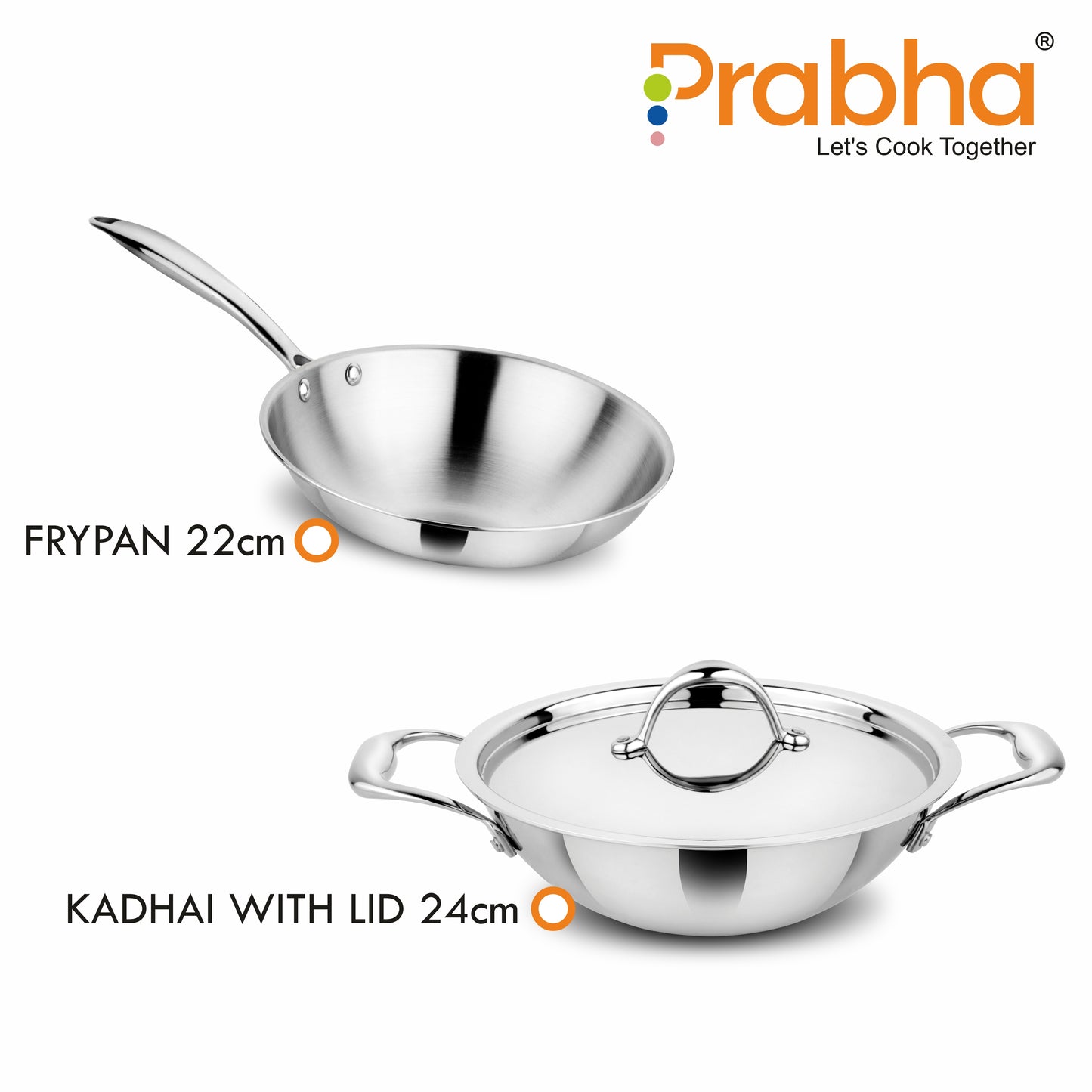 Prima Tri-Ply Induction Base Stainless Steel 3Pcs Cookware Set - Kadhai With Lid 24cm / Frypan 22cm