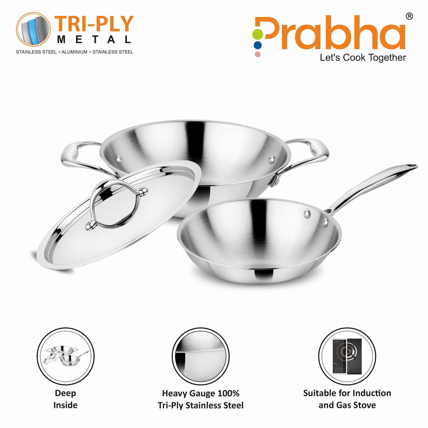 Prima Tri-Ply Induction Base Stainless Steel 3Pcs Cookware Set - Kadhai With Lid 24cm / Frypan 22cm