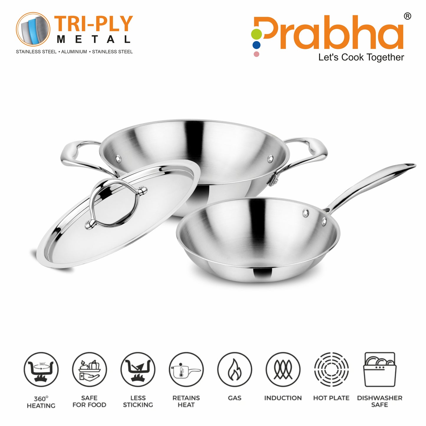 Prima Tri-Ply Induction Base Stainless Steel 3Pcs Cookware Set - Kadhai With Lid 24cm / Frypan 22cm