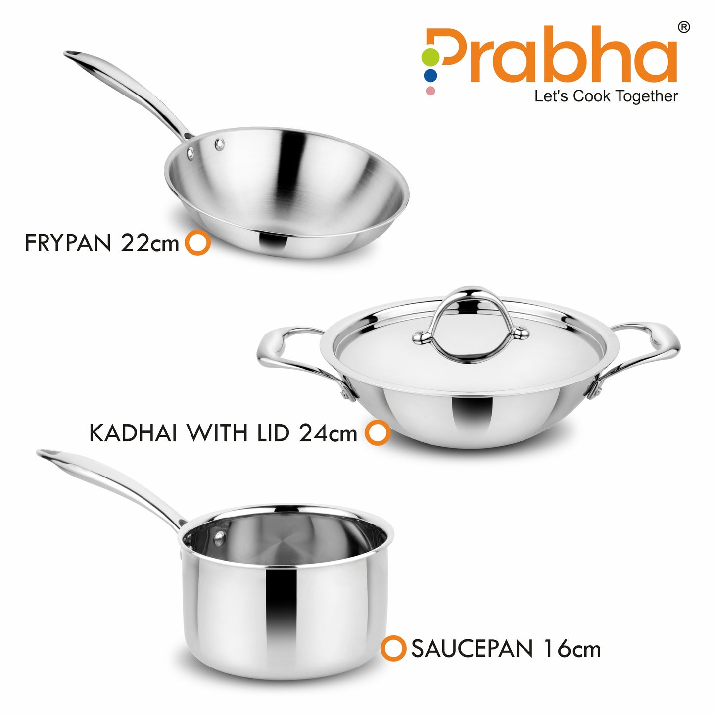 Prima Tri-Ply Induction Base Stainless Steel 4Pcs Cookware Set - Kadhai With Lid 24cm / Frypan 22cm / Sauce Pan 16cm
