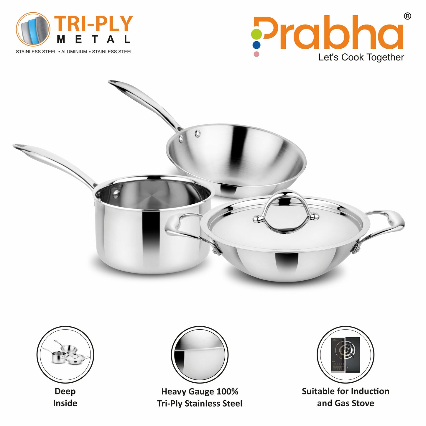 Prima Tri-Ply Induction Base Stainless Steel 4Pcs Cookware Set - Kadhai With Lid 24cm / Frypan 22cm / Sauce Pan 16cm