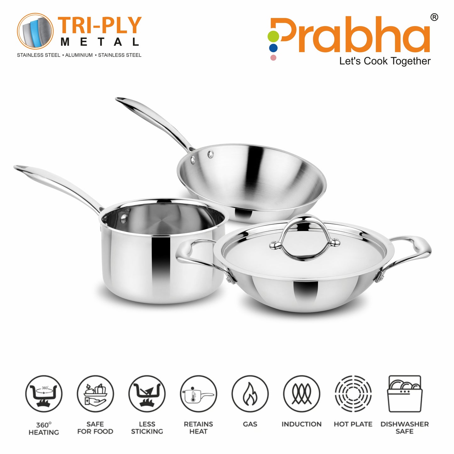 Prima Tri-Ply Induction Base Stainless Steel 4Pcs Cookware Set - Kadhai With Lid 24cm / Frypan 22cm / Sauce Pan 16cm
