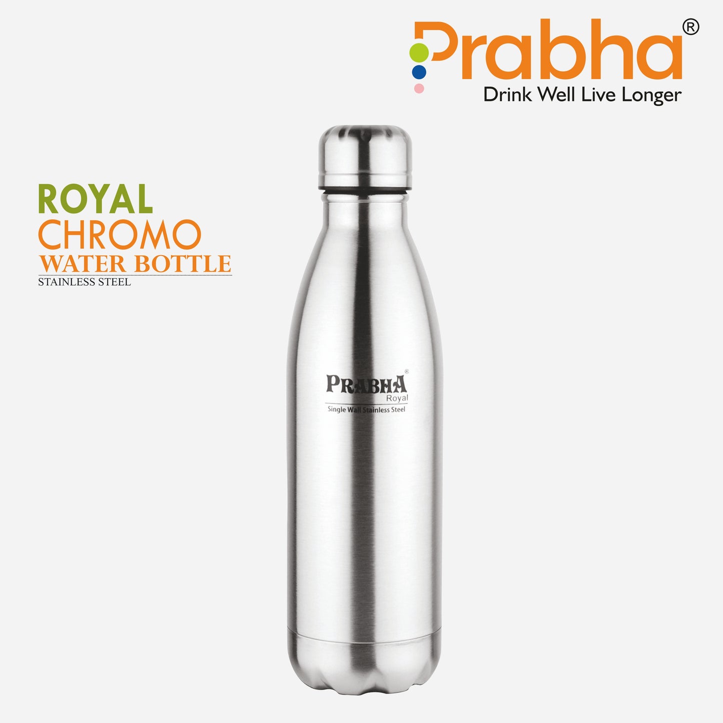Stainless Steel Royal Chromo Water Bottle - 1L Capacity | Durable Hydration Solution - Prabha