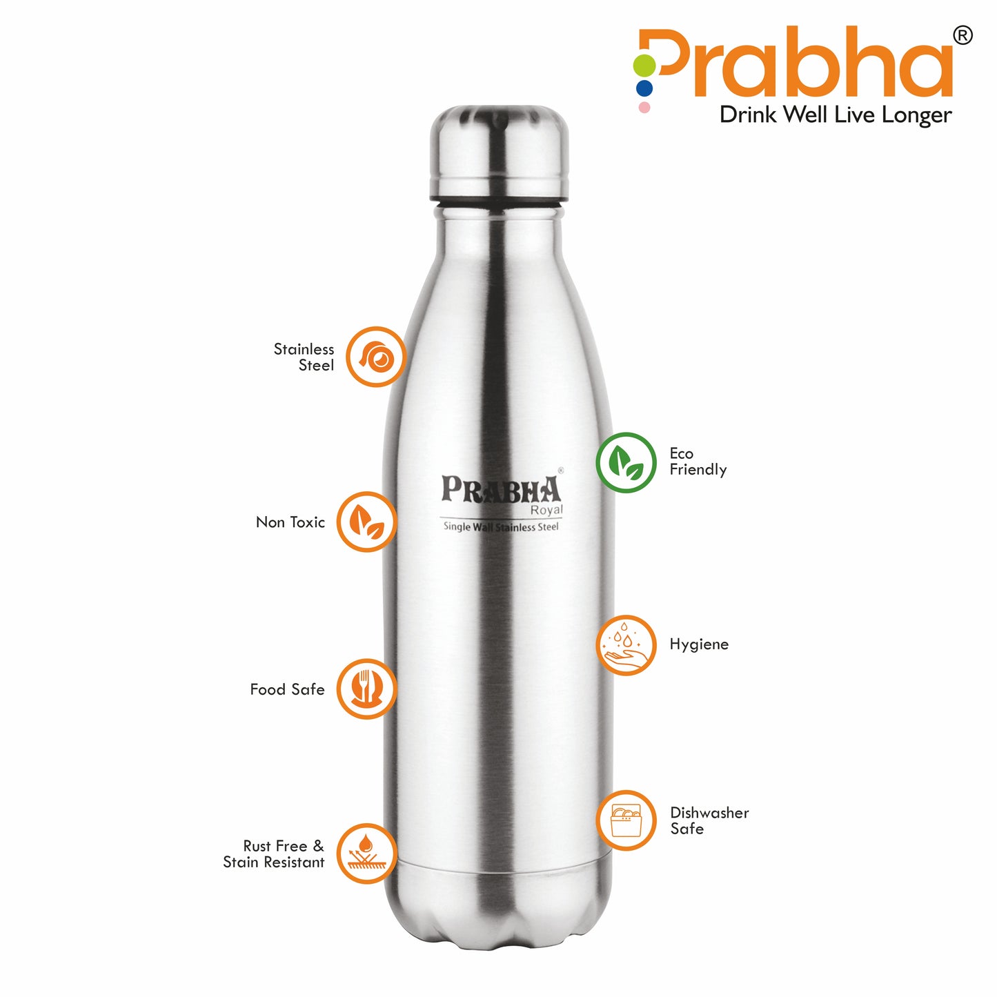 Stainless Steel Royal Chromo Water Bottle - 1L Capacity | Durable Hydration Solution - Prabha