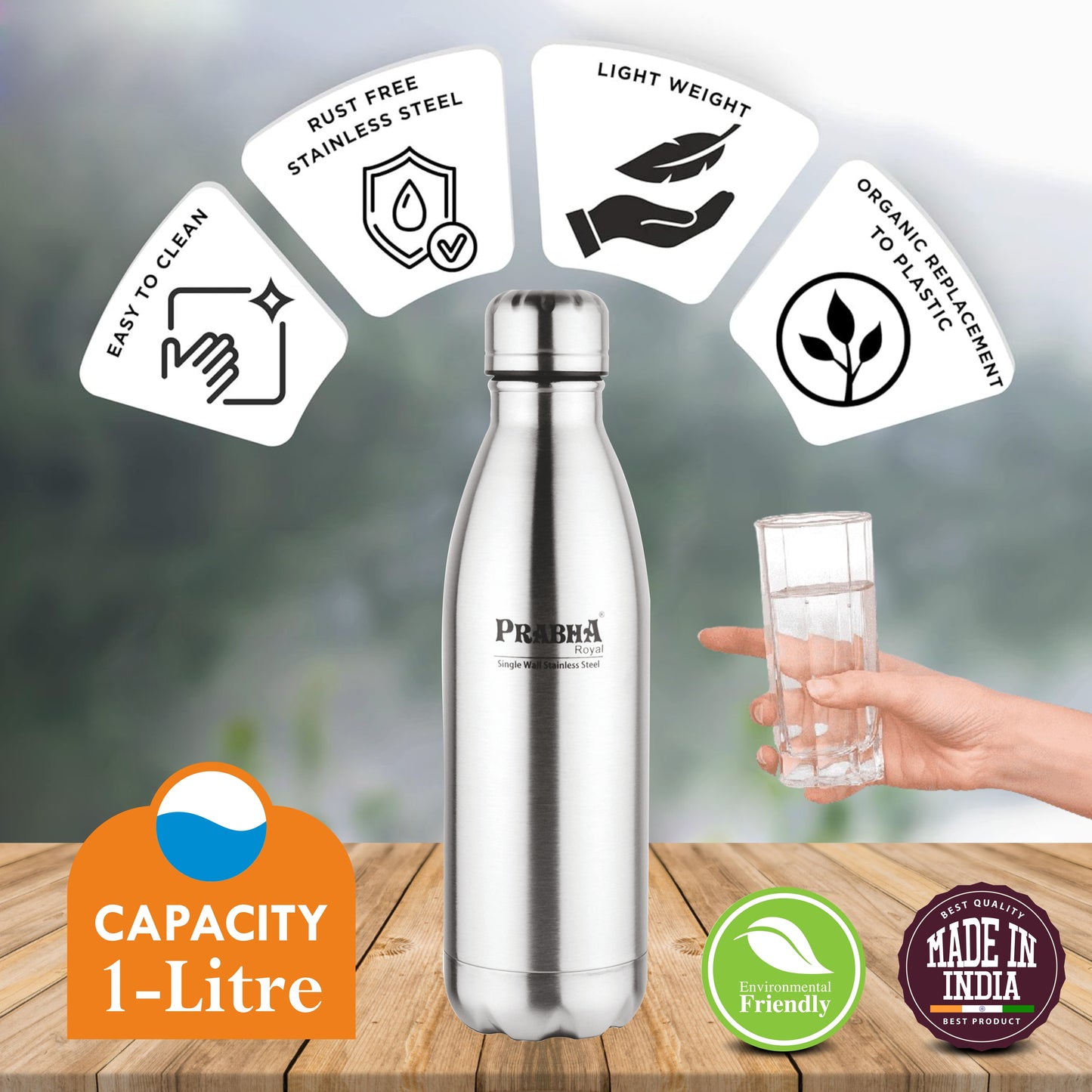 Stainless Steel Royal Chromo Water Bottle - 1L Capacity | Durable Hydration Solution - Prabha