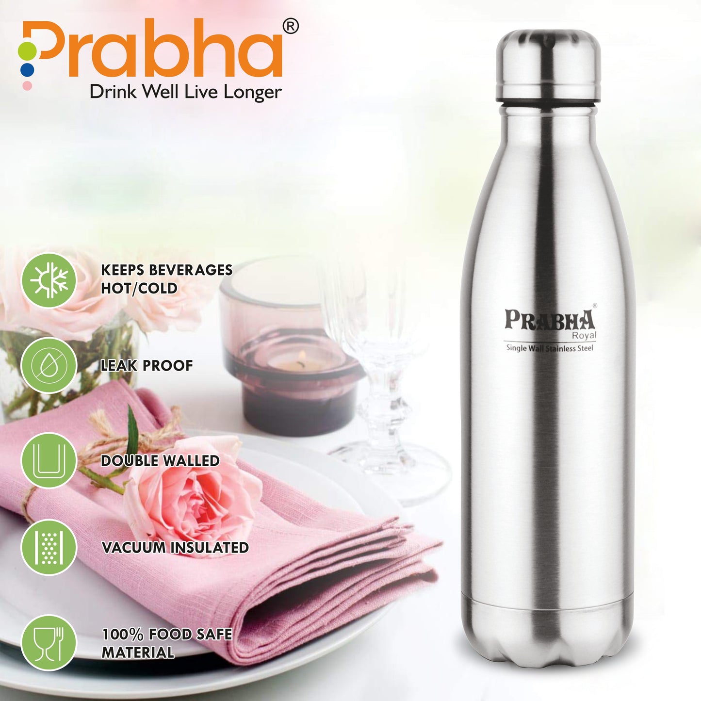 Stainless Steel Royal Chromo Water Bottle - 1L Capacity | Durable Hydration Solution - Prabha
