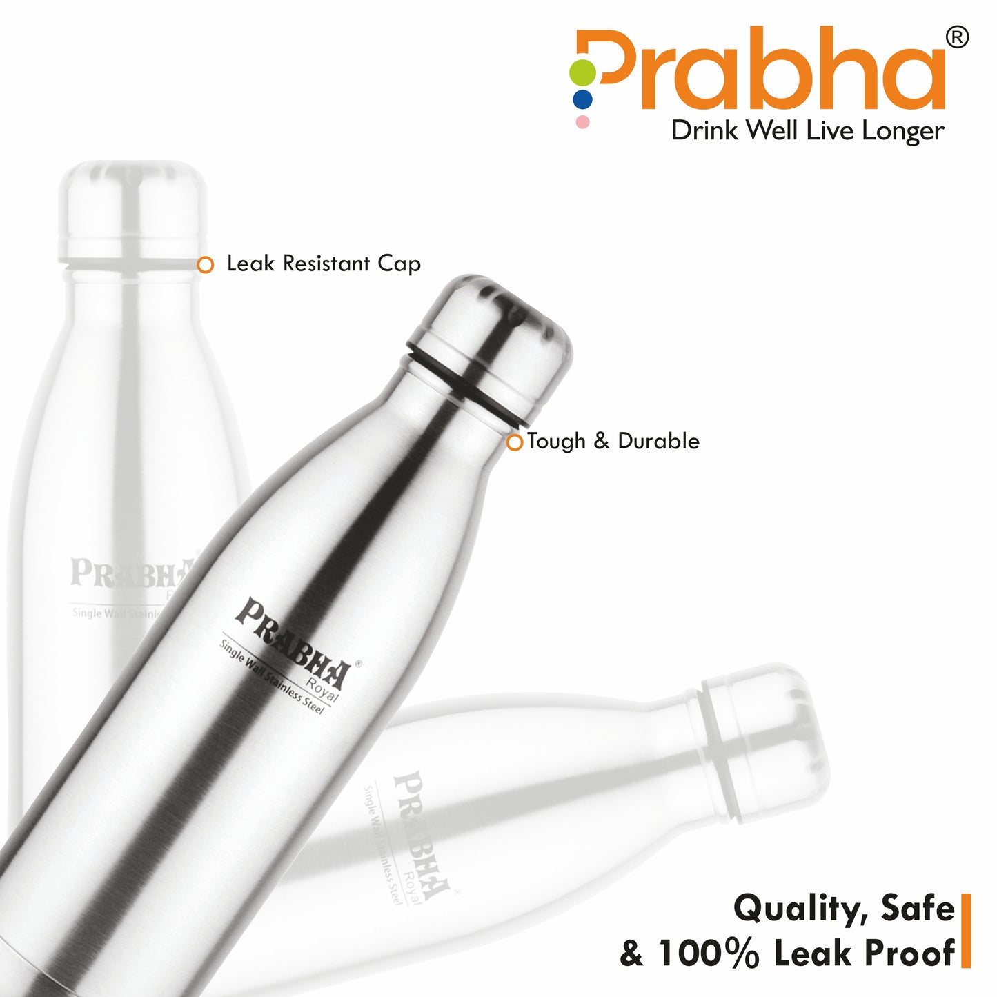 Stainless Steel Royal Chromo Water Bottle - 1L Capacity | Durable Hydration Solution - Prabha