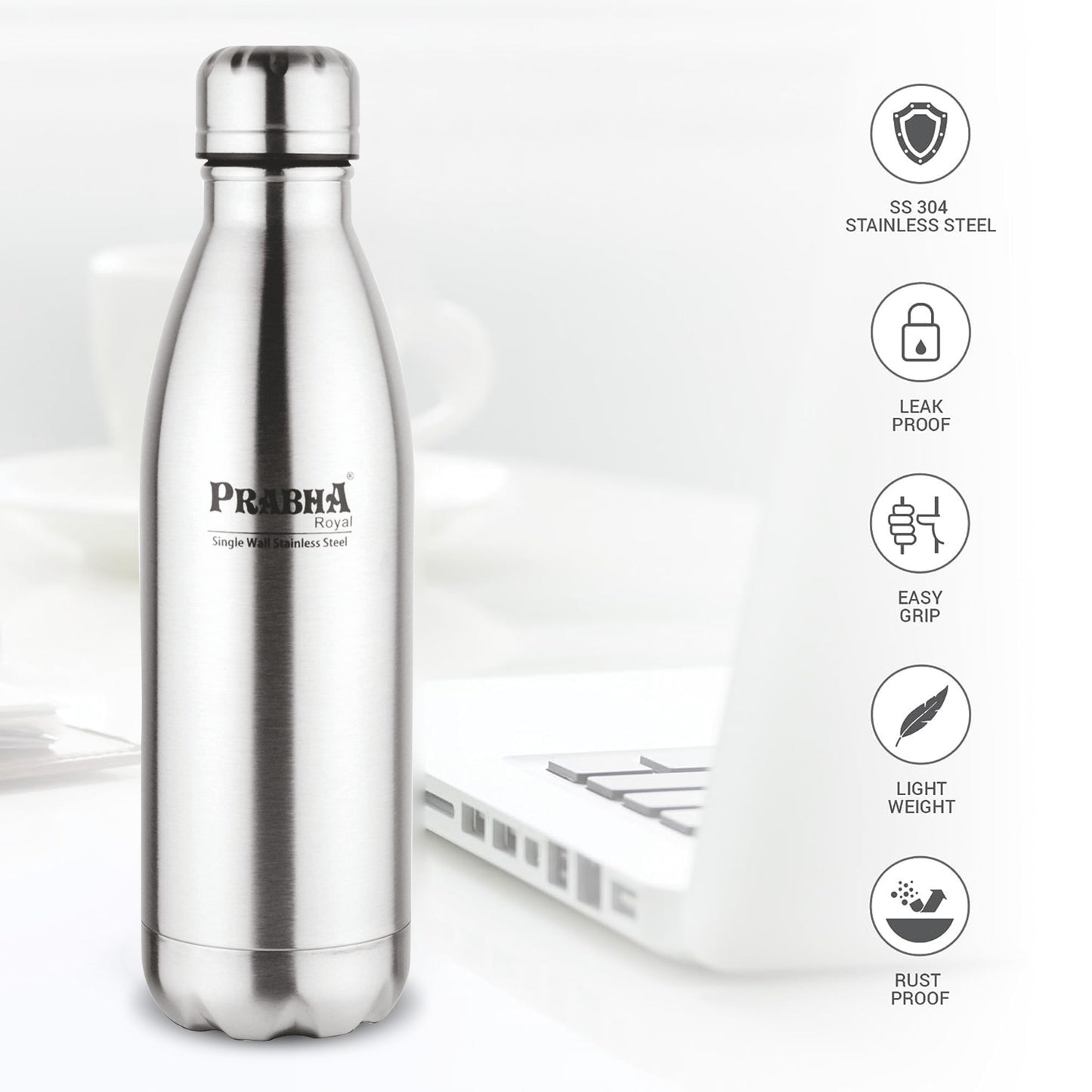 Stainless Steel Royal Chromo Water Bottle - 1L Capacity | Durable Hydration Solution - Prabha