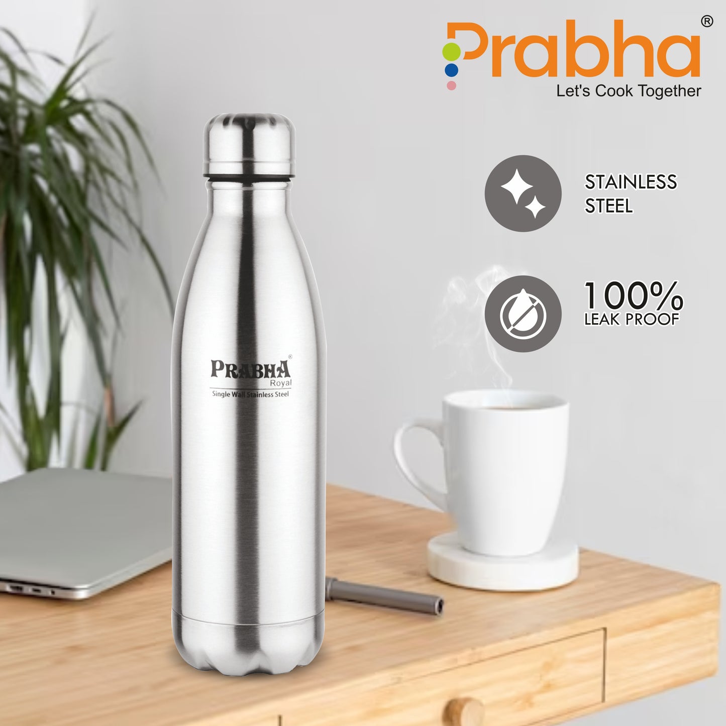Stainless Steel Royal Chromo Water Bottle - 1L Capacity | Durable Hydration Solution - Prabha