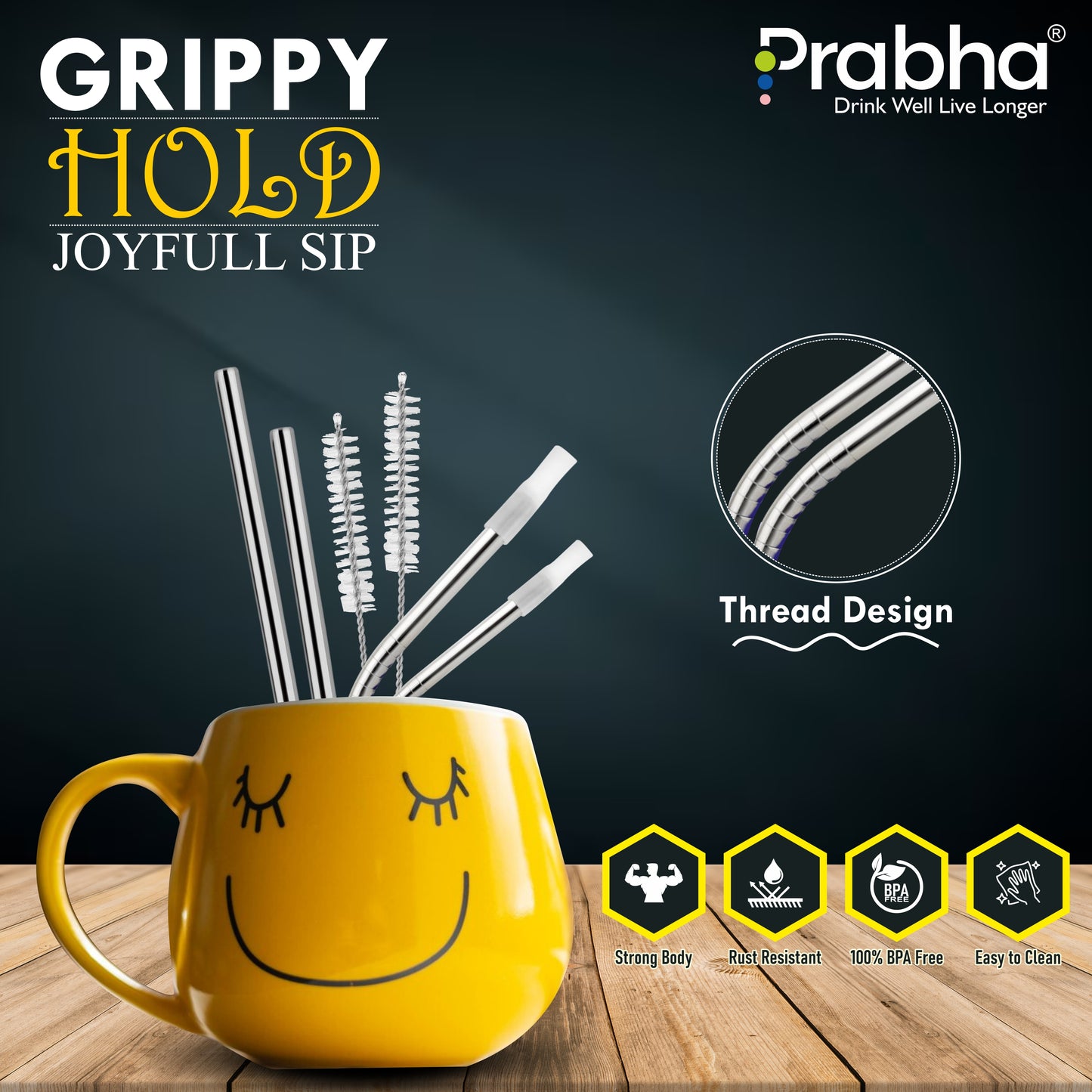 Reusable Stainless Steel Drinking Straw Set For Tumblers (4 Straw, 2 Brush)