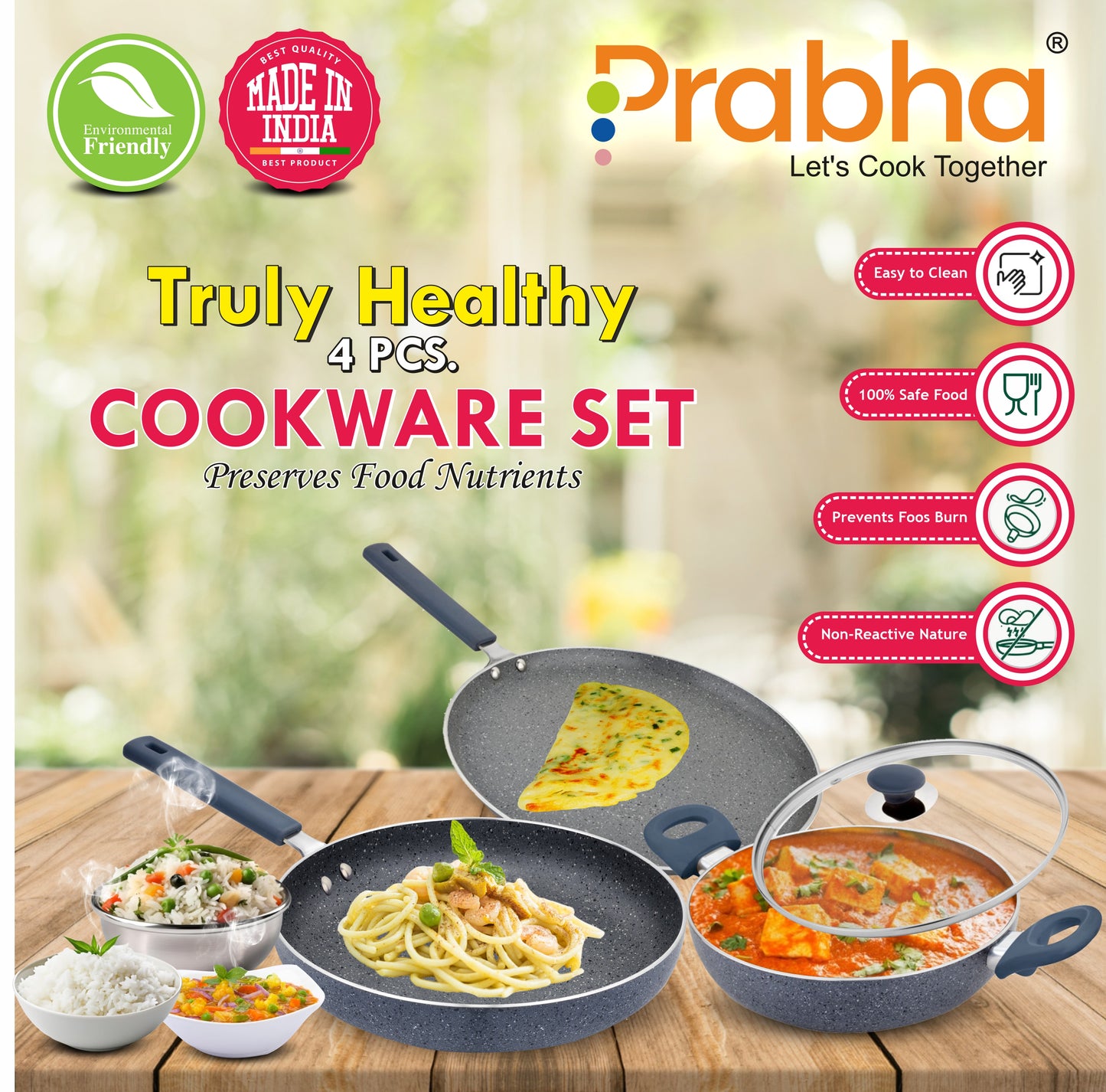 Stella Nonstick 4Pcs Set (Kadhai 24Cm With Lid, Frypan 24Cm, Dosa Tawa 28Cm)