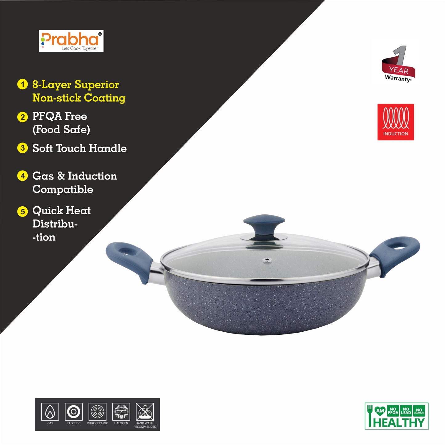 Stella Nonstick Deep Kadhai With Glass Lid