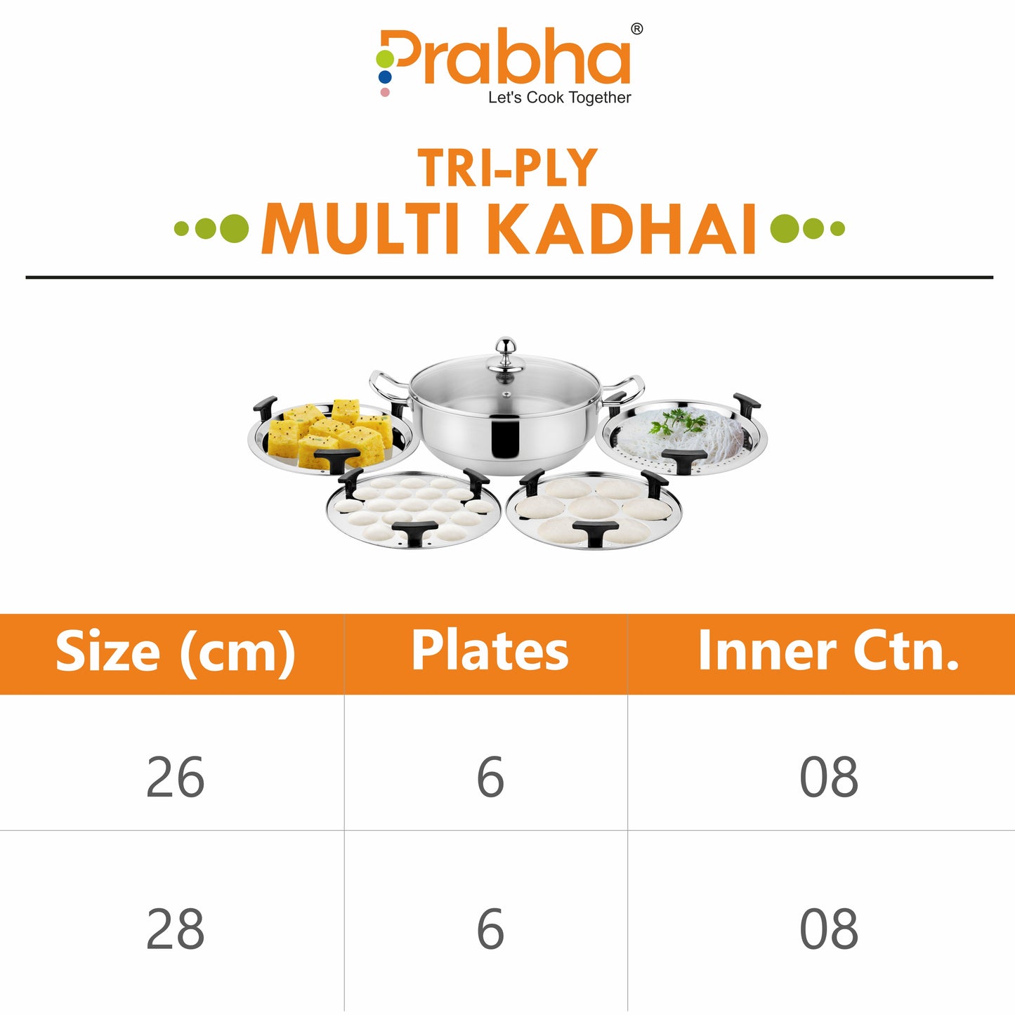 Stainless Steel Tri-Ply Ib Multi Kadhai Plain (6 Plates) - Prabha