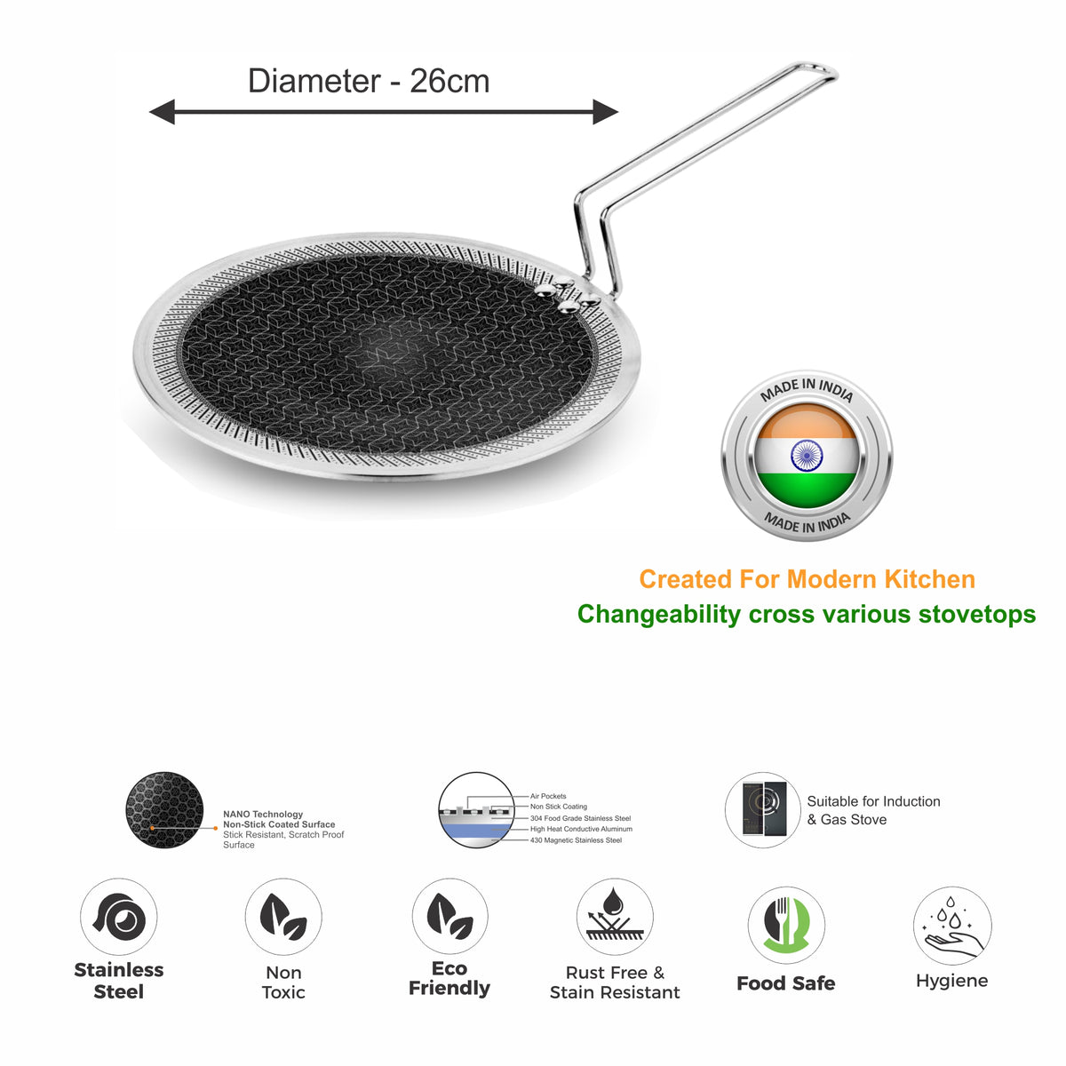 Stainless Steel Tri Ply 26 cm Roti Tawa Griddle Non-Stick Induction  Compatible