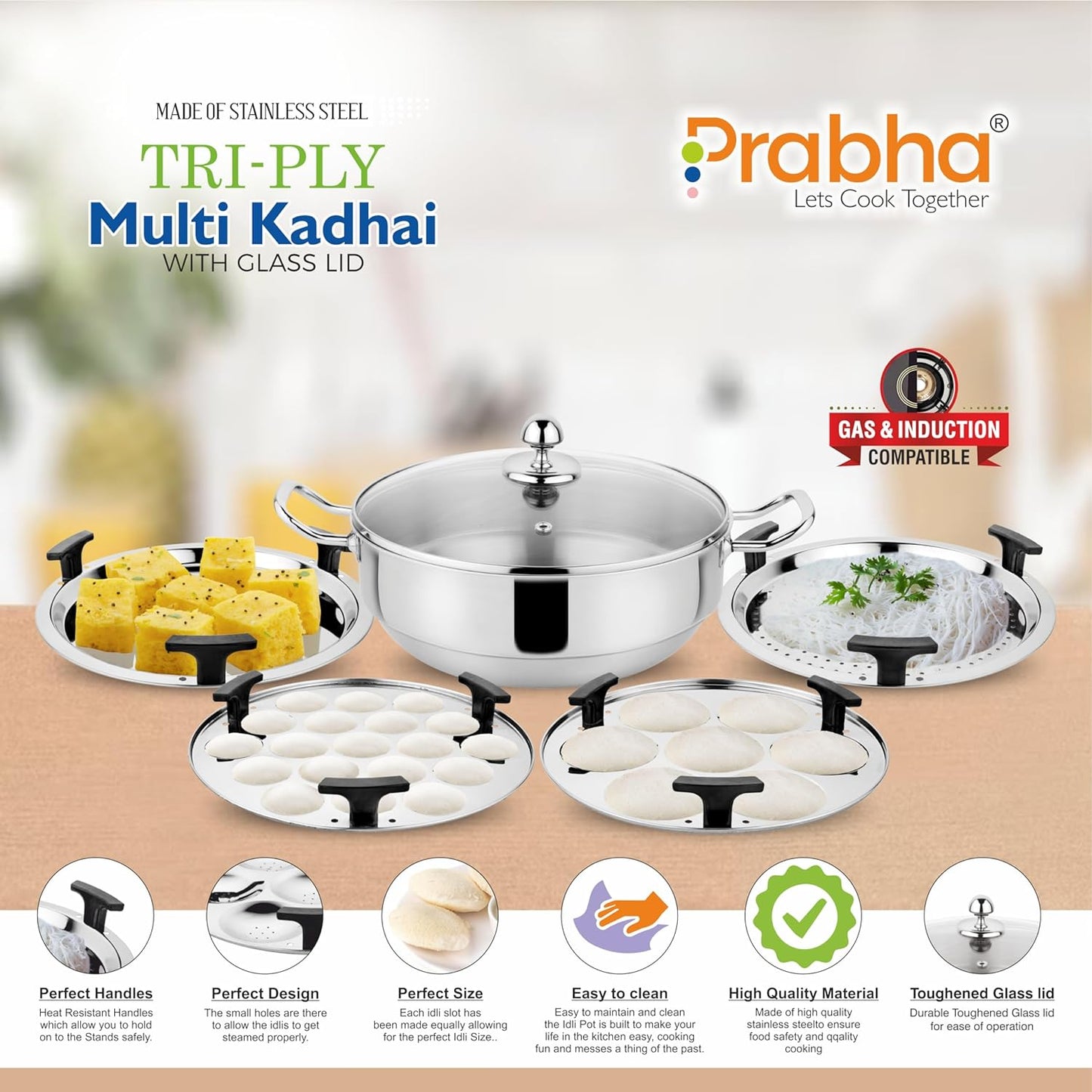 Stainless Steel Tri-Ply Multi Kadhai Plain (6 Plates)
