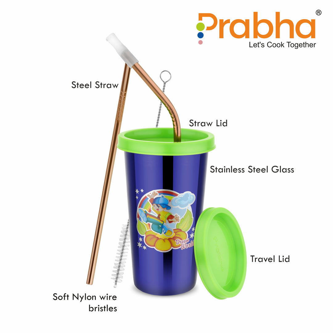 Stainless Steel Tumbler With Silicon Lid & Straws Set | Steel Glass with Lid