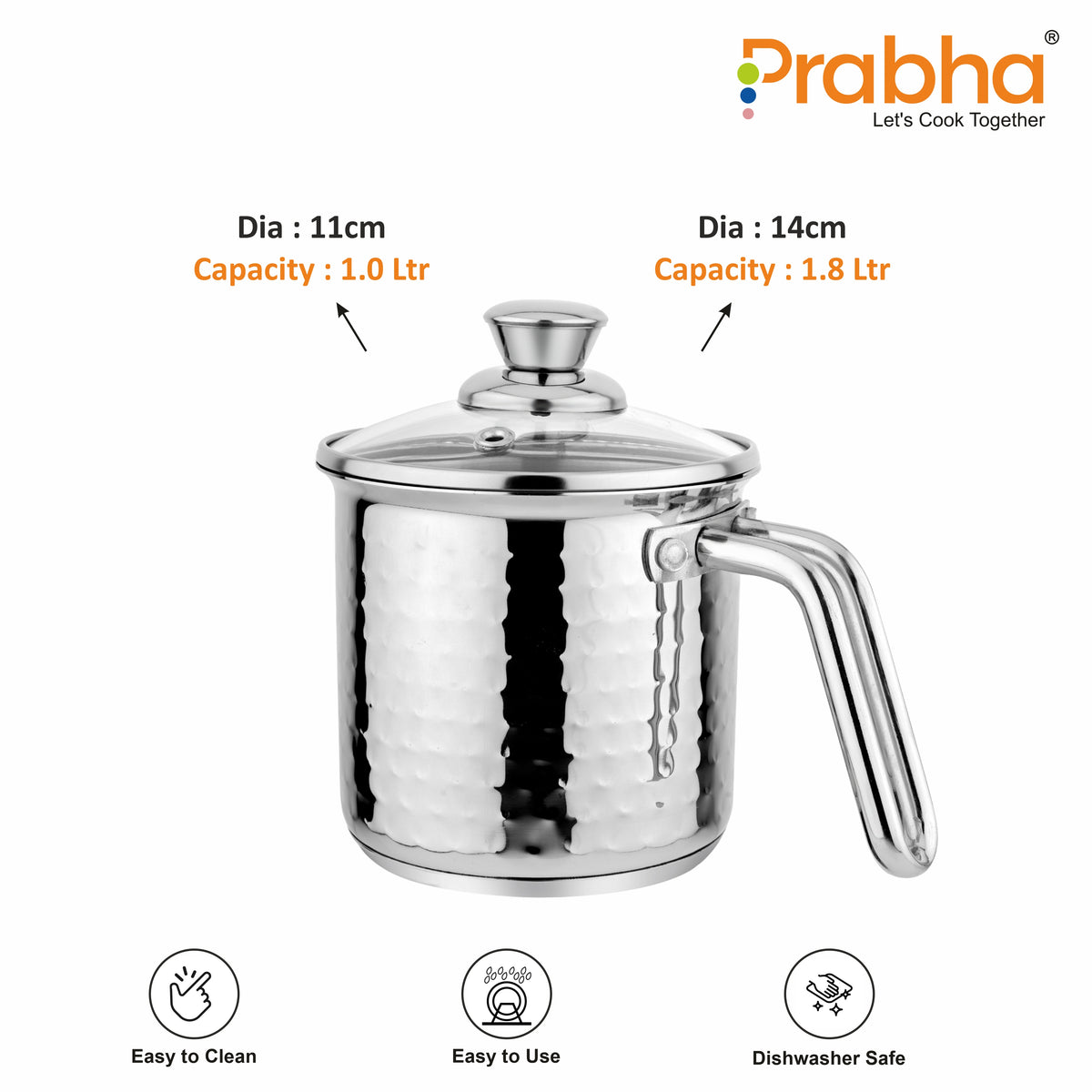 Prabha Heavy Gauge Stainless Steel Milk Pot Milk Boiler, Encapsulated Base  1.8L and 14cm Diameter Pot 1.8 L with Glass Lid (Silver)