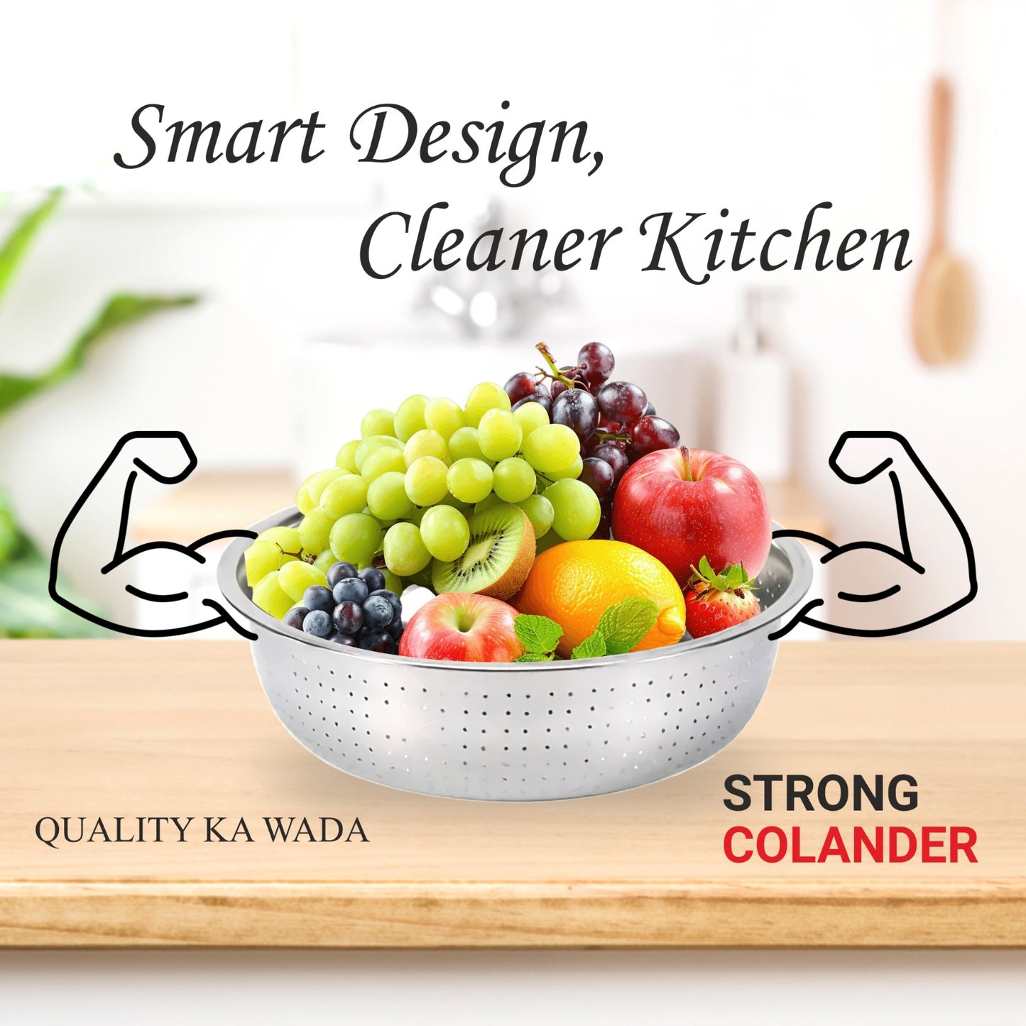 Prabha Colander Stainless Steel Strainer Sieves 30cm | Kitchen Strainer with Handle-Essential Kitchen | Colanders Bowl, Basket | Colander for Rice Straining Washing Fruits, Vegetables