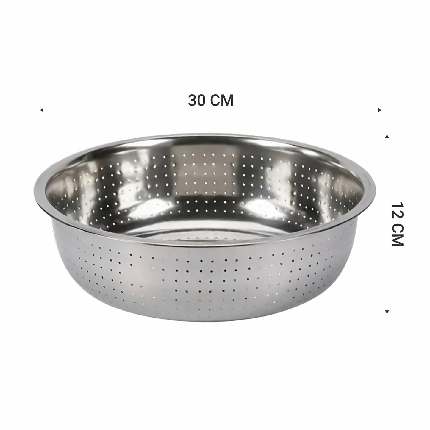 Prabha Colander Stainless Steel Strainer Sieves 30cm | Kitchen Strainer with Handle-Essential Kitchen | Colanders Bowl, Basket | Colander for Rice Straining Washing Fruits, Vegetables