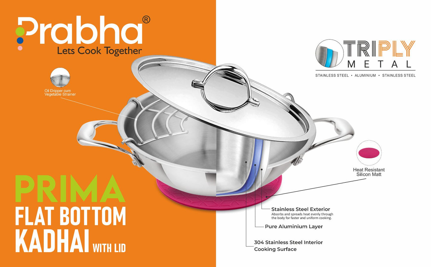 Prima Triply Kadhai Flat Bottom With Lid