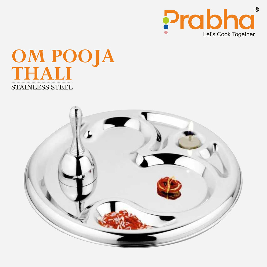 Stainless Steel Om Puja Thali with Ring Bell(Ghanti), for Home and Office Temple