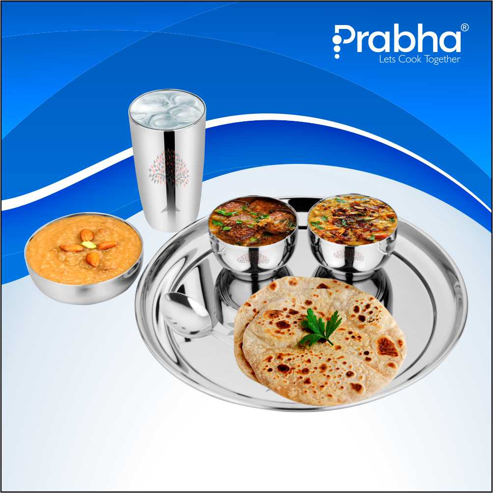Prabha Stainless Steel Galaxy Plain Thali Set Bhojan Thali Set of Dinner Plate, Halwa Plate, Katori Bowl, Glass, Spoon for Family Home Restaurants Hotels Event & Parties (Plain)