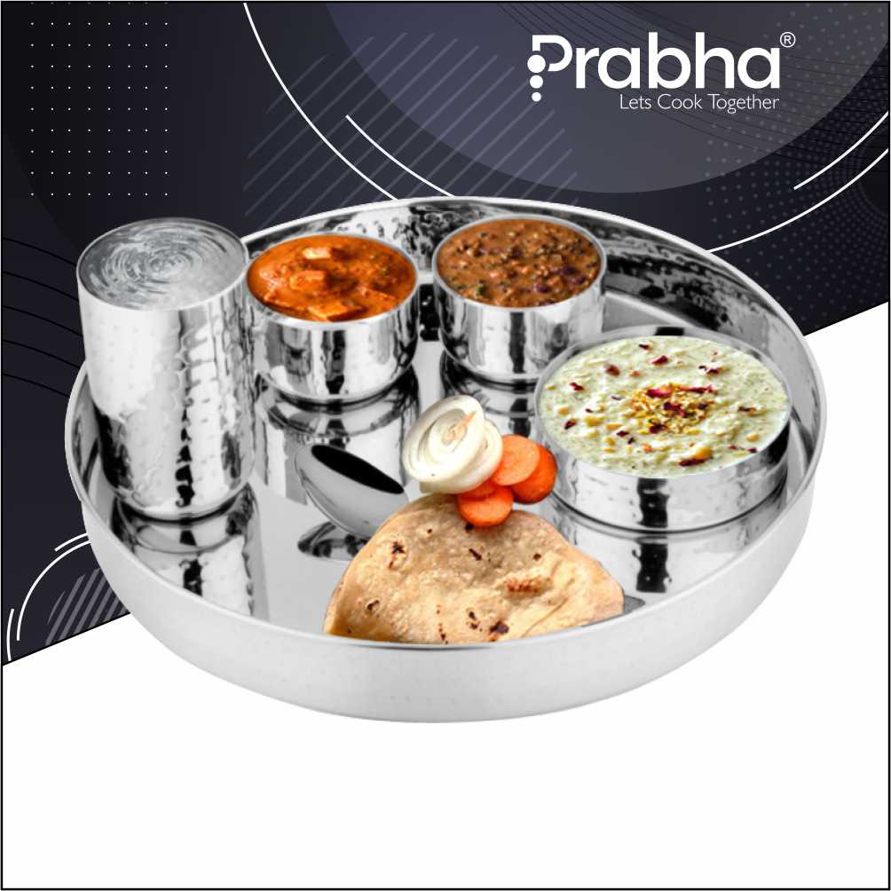 Prabha Stainless Steel Supreme Hammered Thali Set Bhojan Thali Set of Dinner Plate, Halwa Plate, Katori Bowl, Glass, Spoon for Family Dinner Set Home Restaurants Hotels Event & Parties