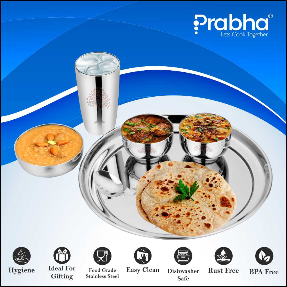 Prabha Stainless Steel Galaxy Plain Thali Set Bhojan Thali Set of Dinner Plate, Halwa Plate, Katori Bowl, Glass, Spoon for Family Home Restaurants Hotels Event & Parties (Plain)