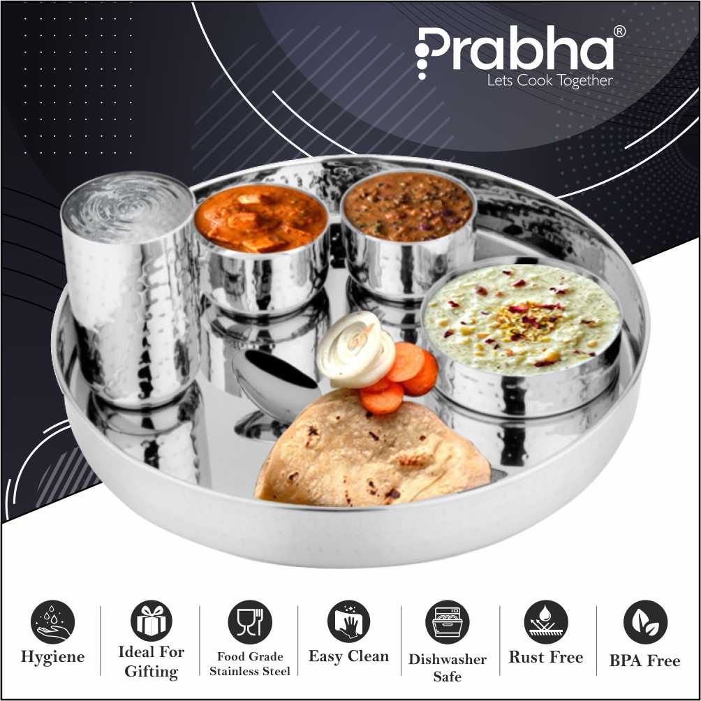 Prabha Stainless Steel Supreme Hammered Thali Set Bhojan Thali Set of Dinner Plate, Halwa Plate, Katori Bowl, Glass, Spoon for Family Dinner Set Home Restaurants Hotels Event & Parties