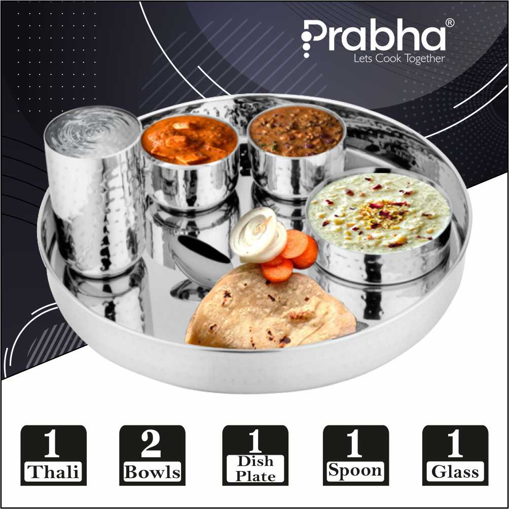 Prabha Stainless Steel Supreme Hammered Thali Set Bhojan Thali Set of Dinner Plate, Halwa Plate, Katori Bowl, Glass, Spoon for Family Dinner Set Home Restaurants Hotels Event & Parties