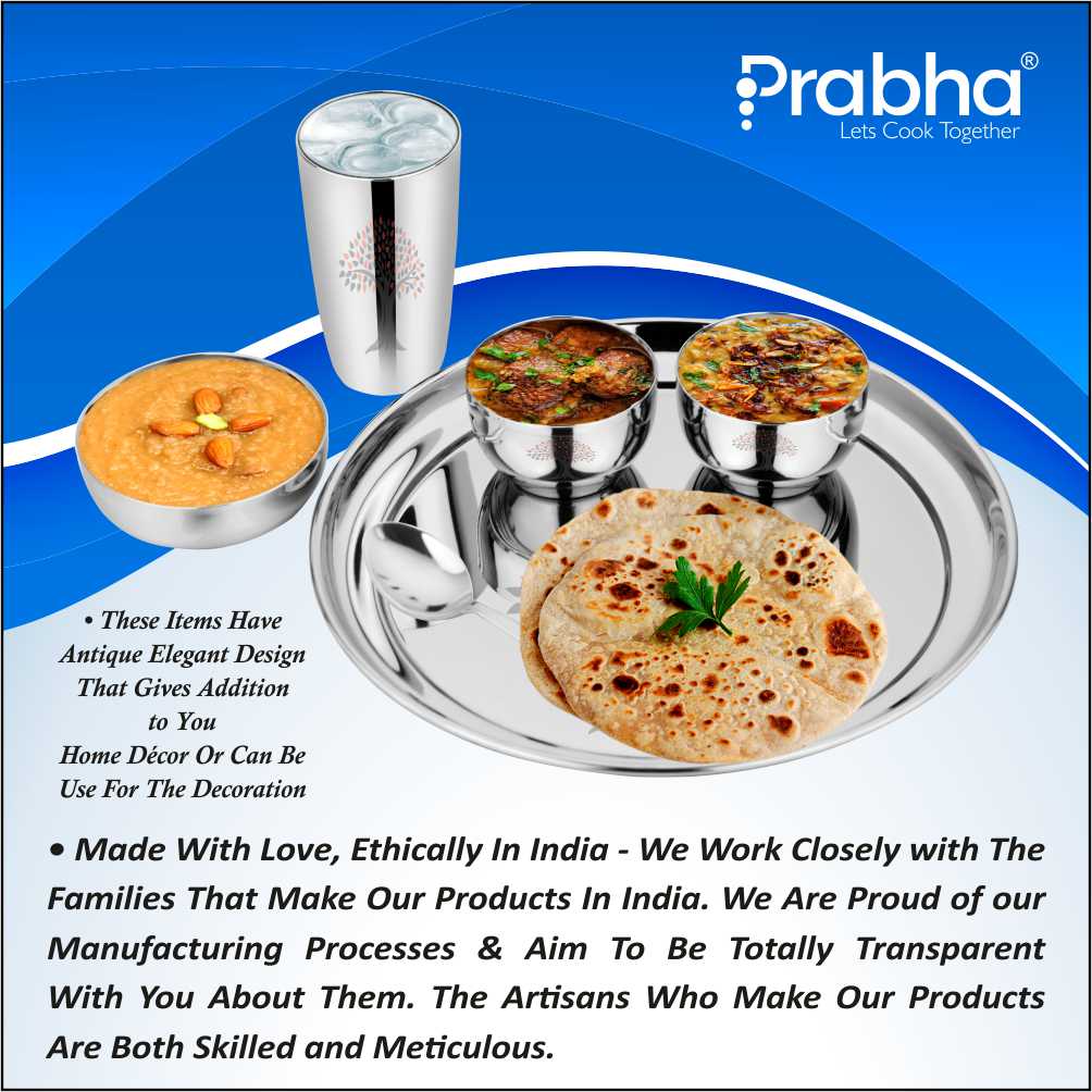 Prabha Stainless Steel Galaxy Plain Thali Set Bhojan Thali Set of Dinner Plate, Halwa Plate, Katori Bowl, Glass, Spoon for Family Home Restaurants Hotels Event & Parties (Plain)