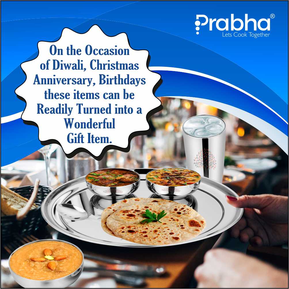 Prabha Stainless Steel Galaxy Plain Thali Set Bhojan Thali Set of Dinner Plate, Halwa Plate, Katori Bowl, Glass, Spoon for Family Home Restaurants Hotels Event & Parties (Plain)