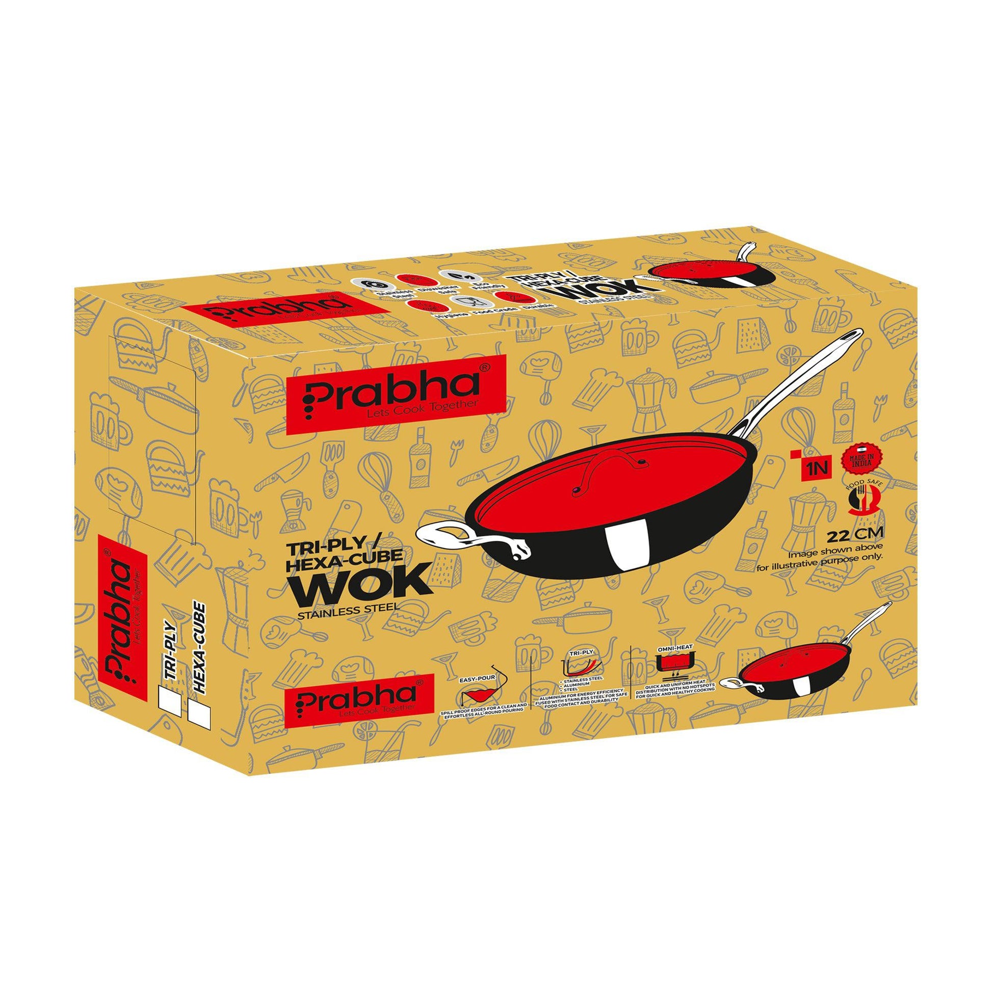 Prabha Triply Stainless Steel Induction Compatible Stir-Fry Wok Pan (Deep Fry Pan, Flat Bottom) with Steel Lid, Triply Wok pan