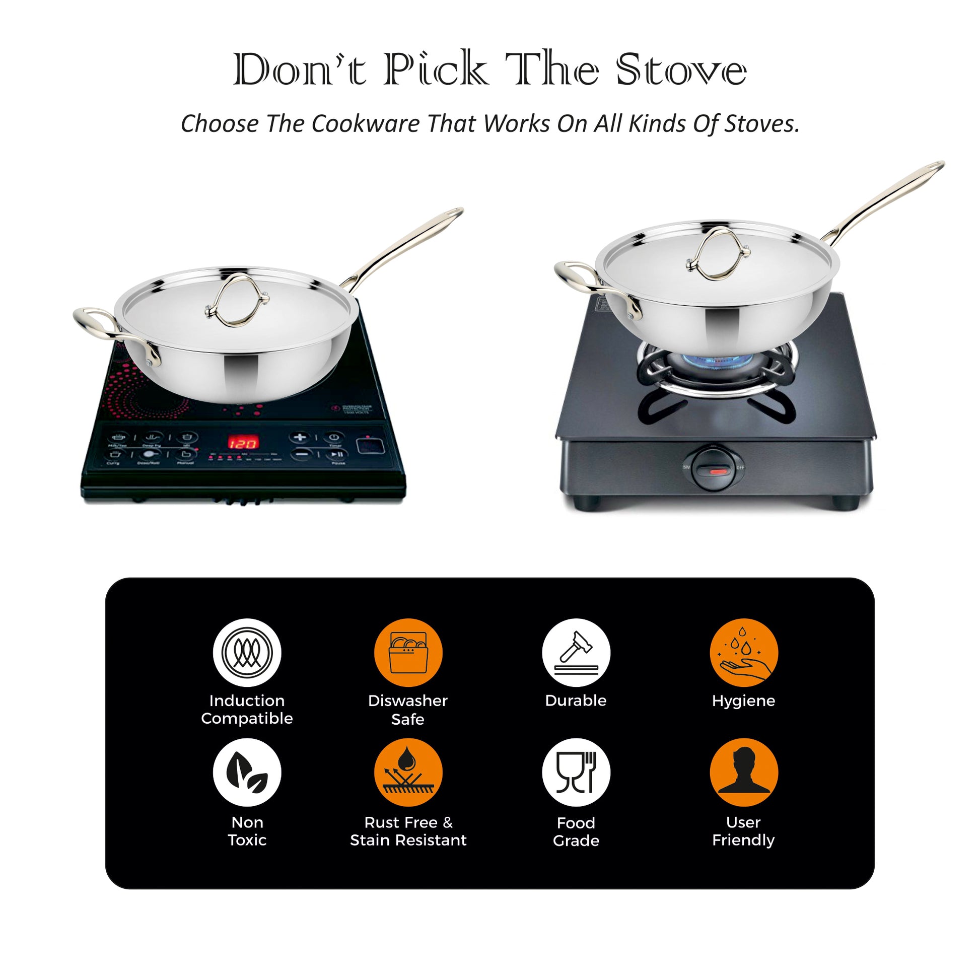 Prabha Triply Stainless Steel Induction Compatible Stir-Fry Wok Pan (Deep Fry Pan, Flat Bottom) with Steel Lid, Triply Wok pan