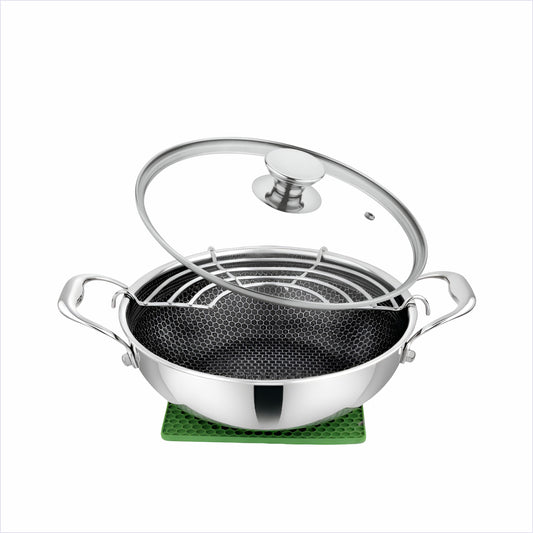 Tri-ply Hexa Cube Kadhai With Lid With Honeycomb Surface