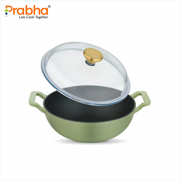 Castella Light Cast Iron 24cm (2.5L) Kadhai with Lid - Induction Bottom, Pea Green