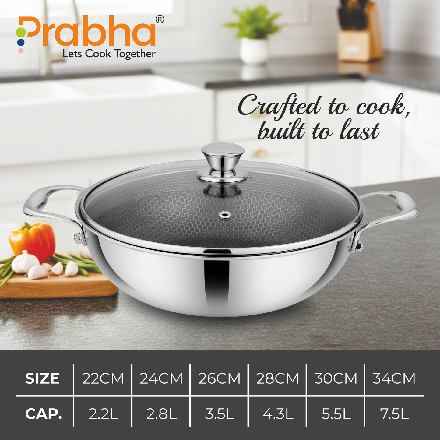 Tri-ply Hexa Cube Kadhai With Lid With Honeycomb Surface