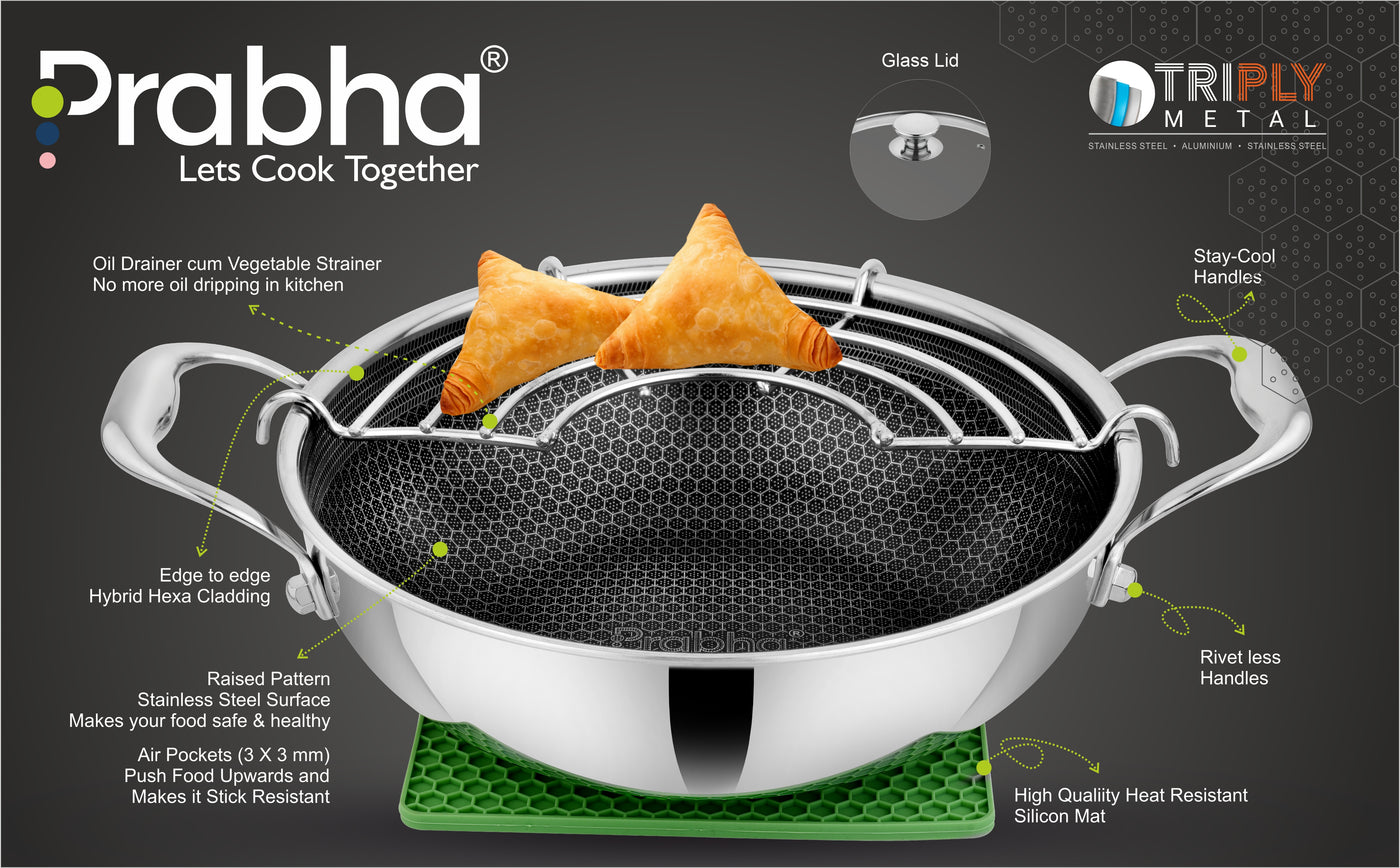 Tri-ply Hexa Cube Kadhai With Lid With Honeycomb Surface