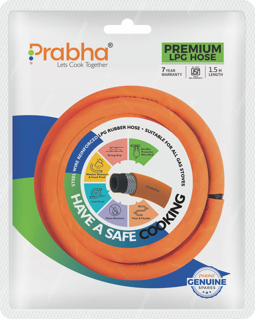 Prabha 1.5 M LPG Rubber Hose Pipe with Reinforced Steel Wire, ISI Certified (Orange) 7 Years Warranty (Hose Pipe Pouch Packing)