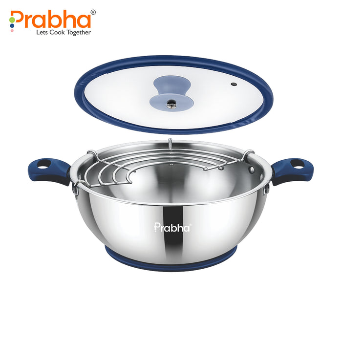 Omega Tri-Ply Extra Deep Frying Kadhai with Glass Lid | Premium Stainless Steel Oil Drainer Design