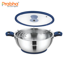 Omega Tri-Ply Extra Deep Kadhai With Glass Lid With Oil Drainer