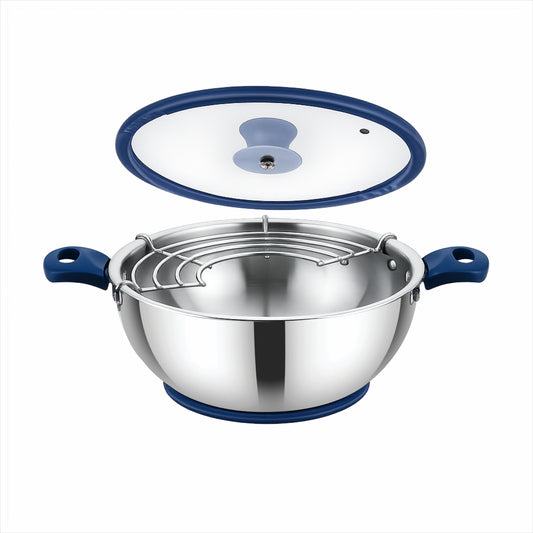 Omega Tri-Ply Extra Deep Kadhai With Glass Lid With Oil Drainer