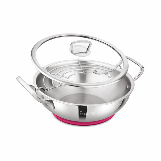 Elante Tri-Ply Kadhai With Glass Lid | With Oil Drainer