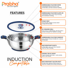 Omega Tri-Ply Extra Deep Kadhai With Glass Lid With Oil Drainer