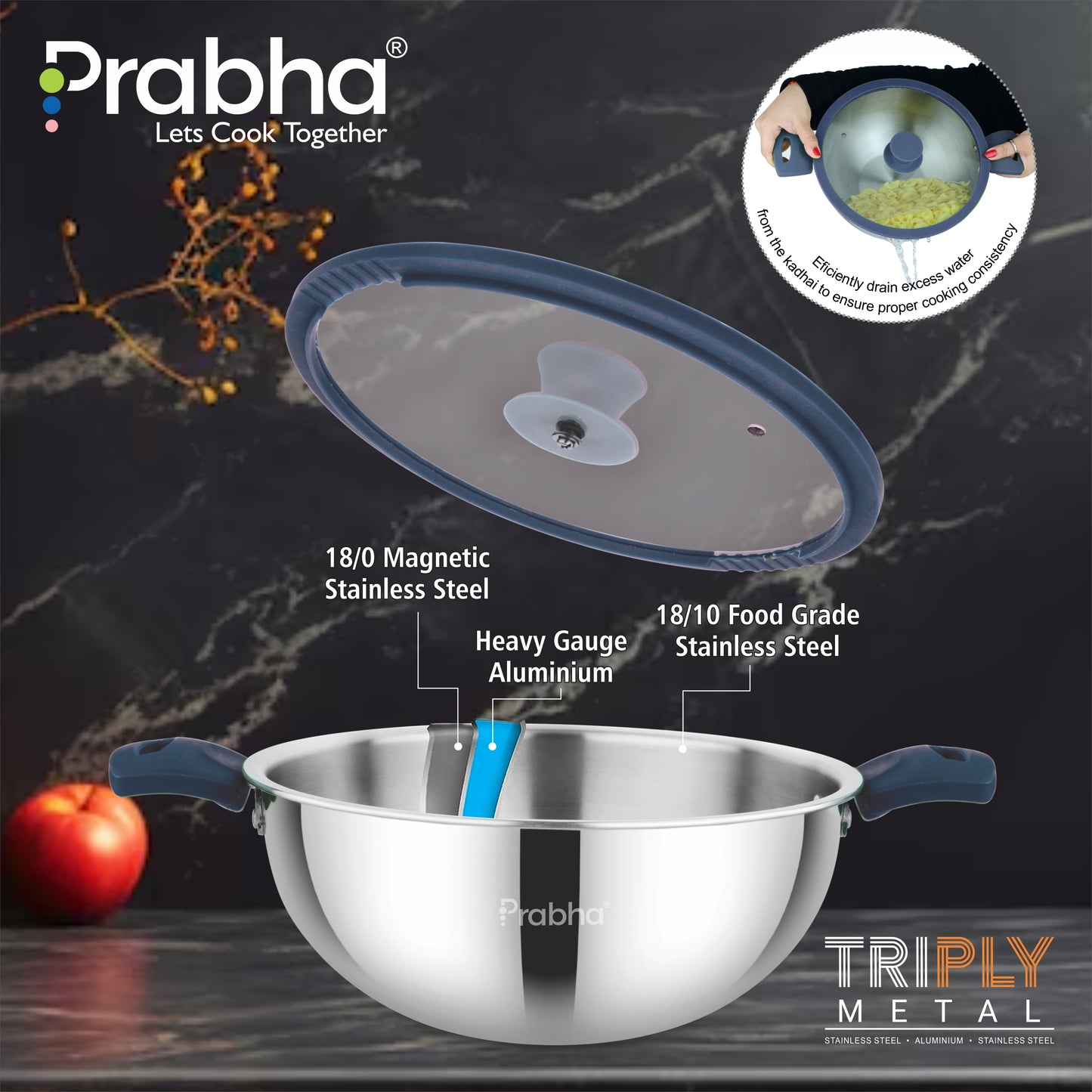 Omega Tri-Ply Extra Deep Kadhai With Glass Lid With Oil Drainer