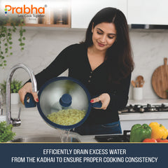 Omega Tri-Ply Extra Deep Kadhai With Glass Lid With Oil Drainer