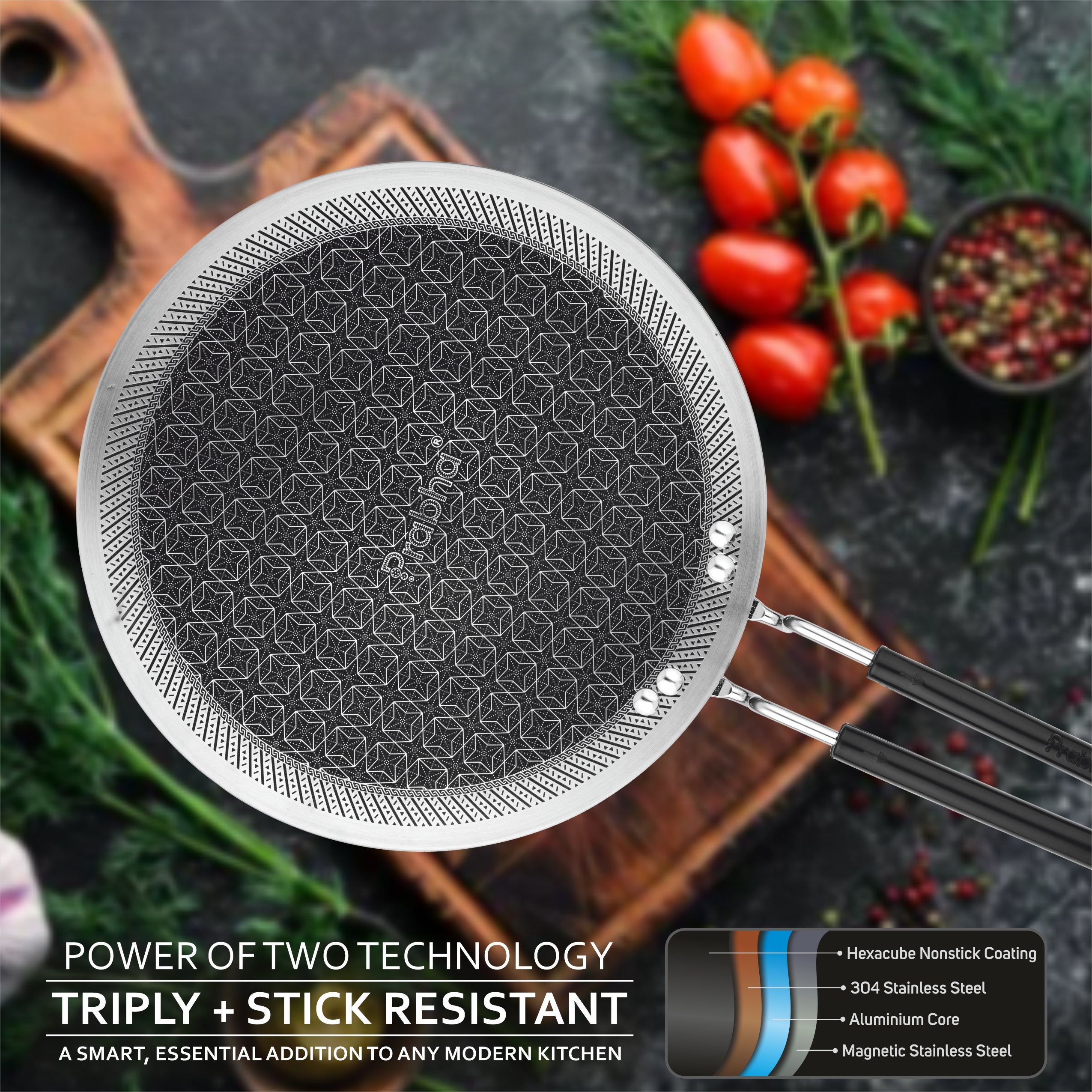 Tri-Ply Hexa Cube Stick-Resistant Roti Tawa Induction Friendly