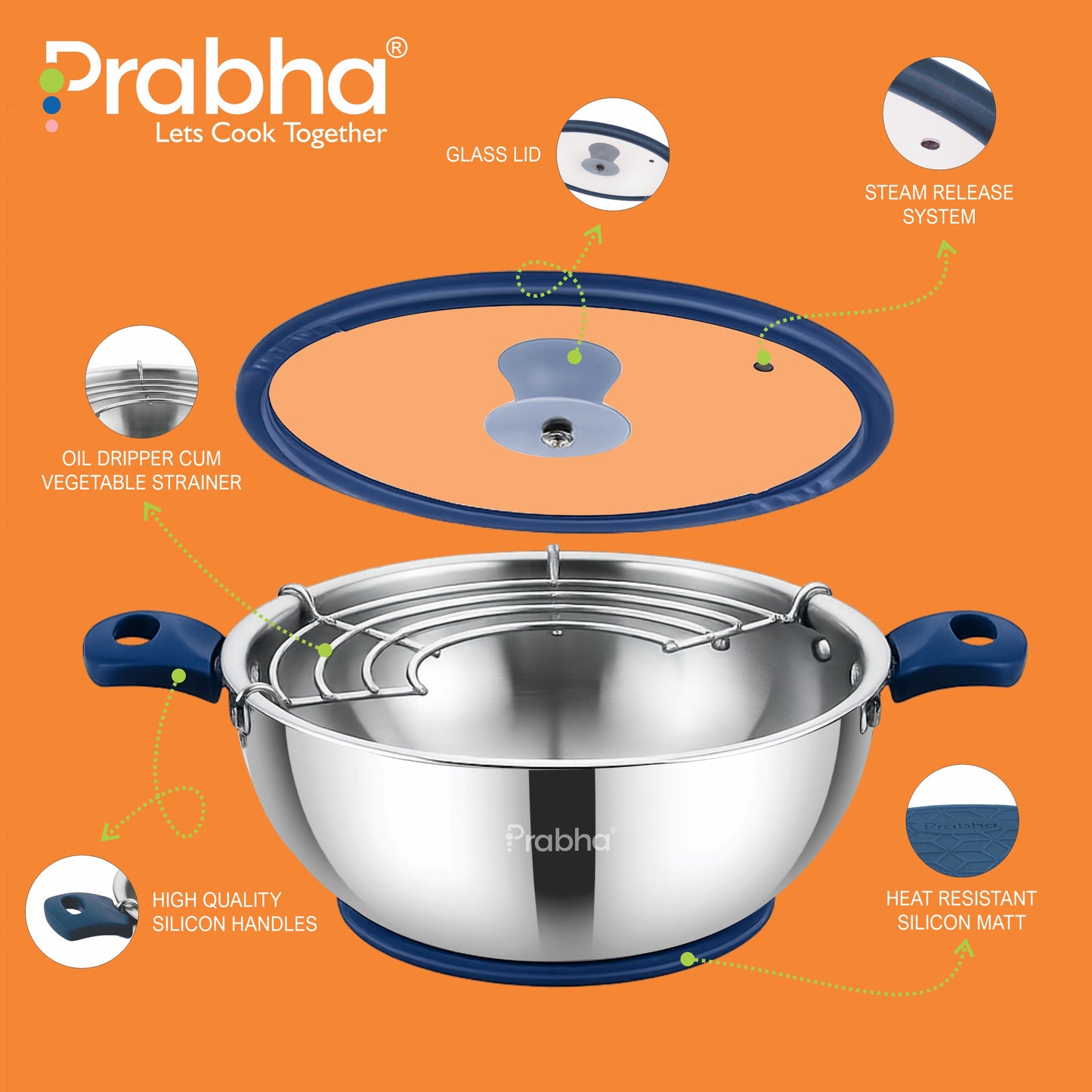 Omega Tri-Ply Extra Deep Kadhai With Glass Lid With Oil Drainer
