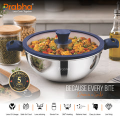 Omega Tri-Ply Extra Deep Kadhai With Glass Lid With Oil Drainer