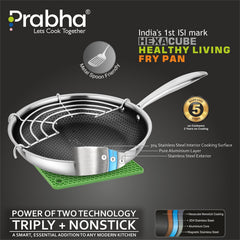 Tri-Ply Hexa Cube Stick-Resistant Frypan With Glass Lid & Oil Drainer